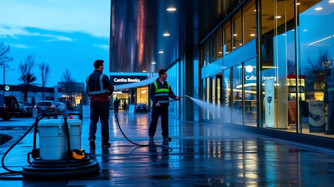 AquaShine commercial pressure washing crew at dawn