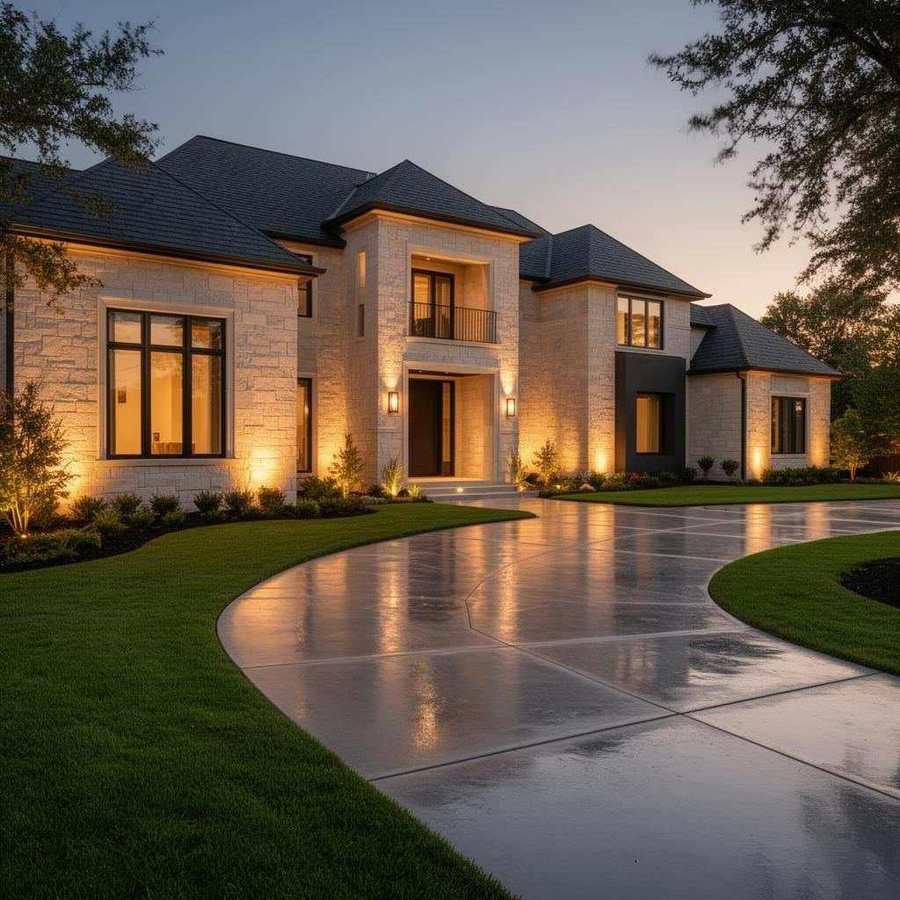 Luxury stone facade home with freshly washed driveway at dusk